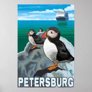 Puffins & Cruise Ship - Petersburg, Alaska Poster
