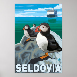 Puffins & Cruise Ship - Seldovia, Alaska Poster