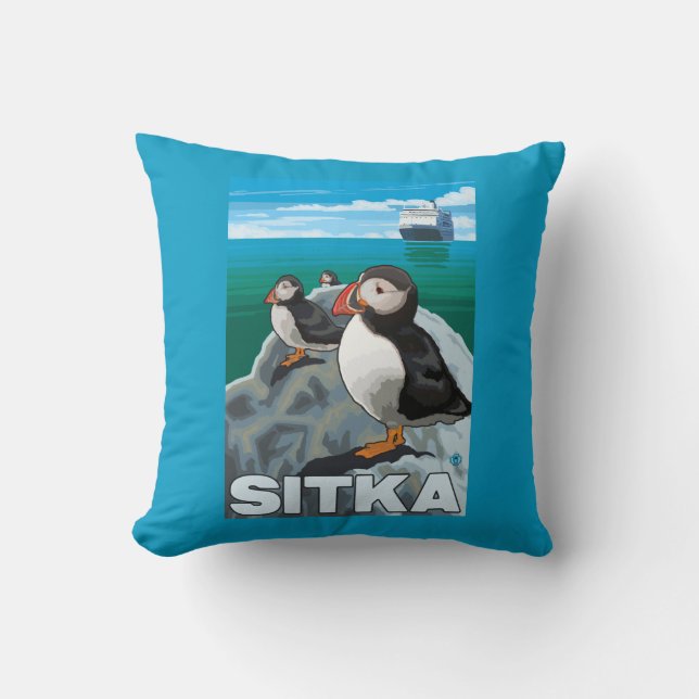 Puffins & Cruise Ship - Sitka, Alaska Cushion (Front)