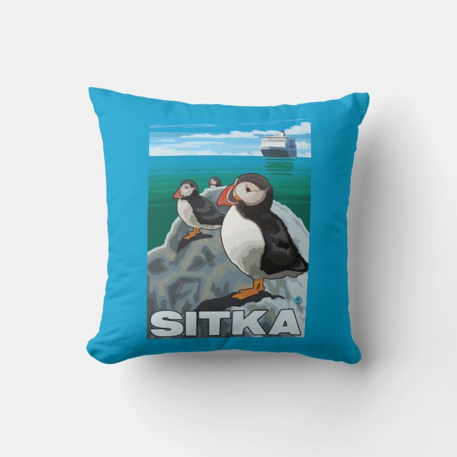 Puffins & Cruise Ship - Sitka, Alaska Cushion (Front)