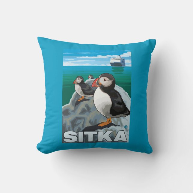 Puffins & Cruise Ship - Sitka, Alaska Cushion (Front)