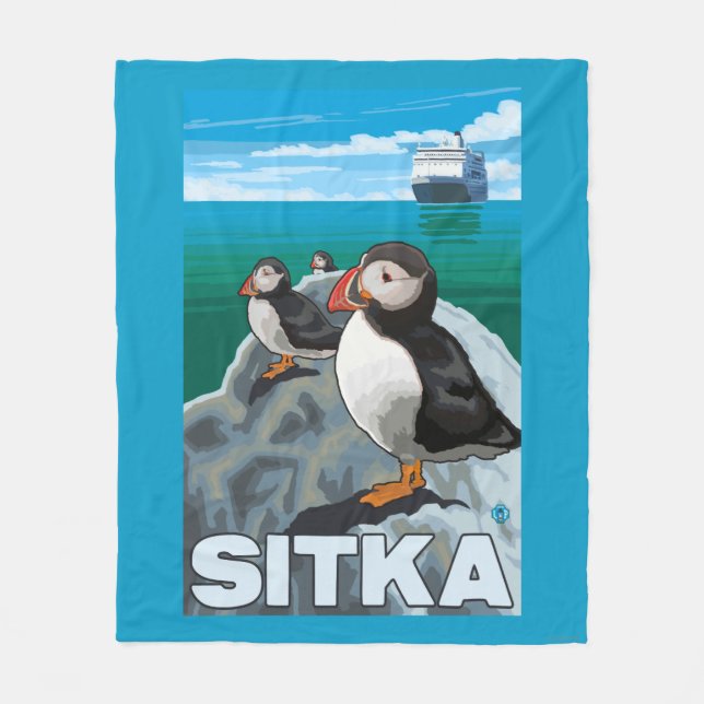 Puffins & Cruise Ship - Sitka, Alaska Fleece Blanket (Front)