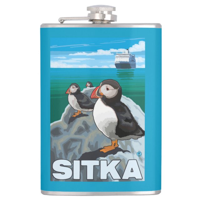 Puffins & Cruise Ship - Sitka, Alaska Hip Flask (Front)
