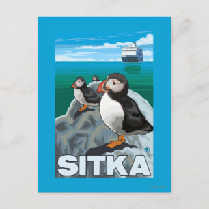 Puffins & Cruise Ship - Sitka, Alaska Postcard