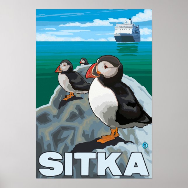 Puffins & Cruise Ship - Sitka, Alaska Poster (Front)