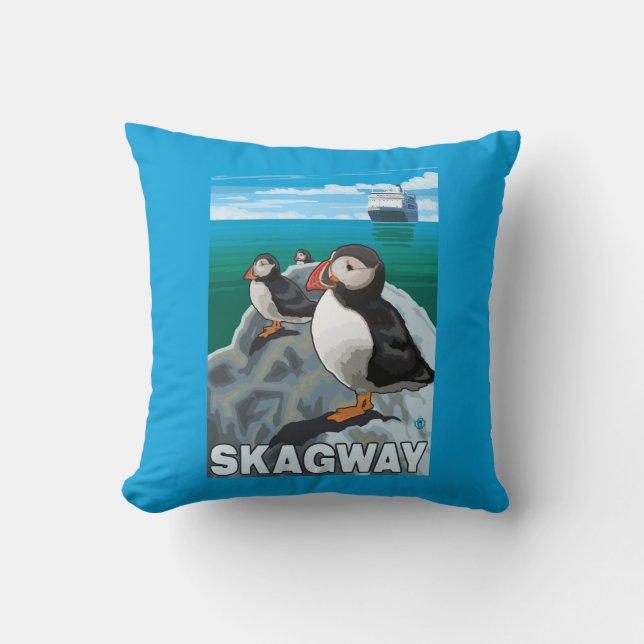 Puffins & Cruise Ship - Skagway, Alaska Cushion (Front)