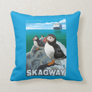 Puffins & Cruise Ship - Skagway, Alaska Cushion