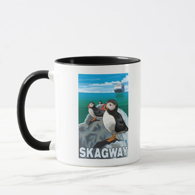 Puffins & Cruise Ship - Skagway, Alaska Mug (Left)