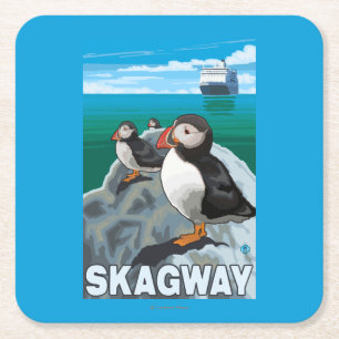 Puffins & Cruise Ship - Skagway, Alaska Square Paper Coaster