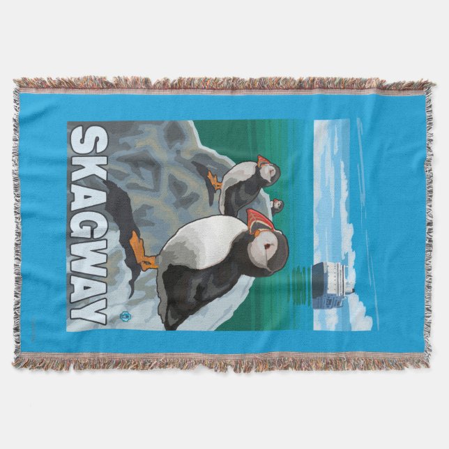 Puffins & Cruise Ship - Skagway, Alaska Throw Blanket (Front)