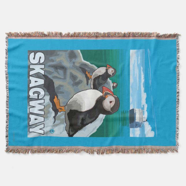 Puffins & Cruise Ship - Skagway, Alaska Throw Blanket (Front)