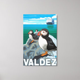 Puffins & Cruise Ship - Valdez, Alaska Canvas Print
