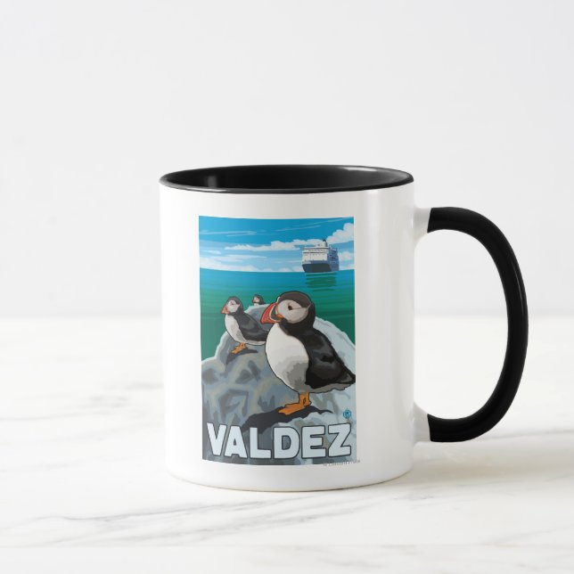 Puffins & Cruise Ship - Valdez, Alaska Mug (Right)