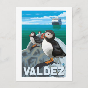 Puffins & Cruise Ship - Valdez, Alaska Postcard