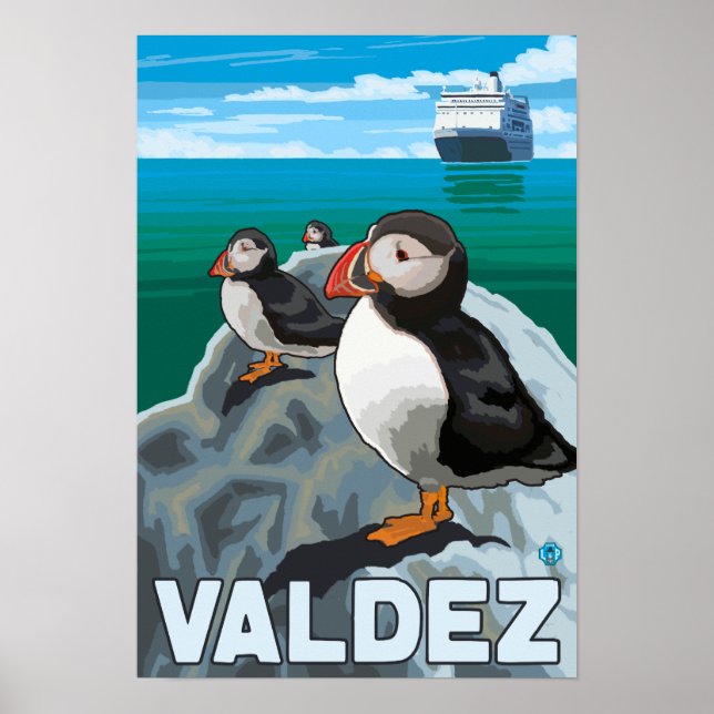 Puffins & Cruise Ship - Valdez, Alaska Poster (Front)