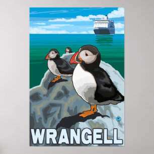 Puffins & Cruise Ship - Wrangell, Alaska Poster