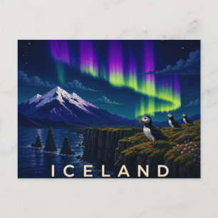 Puffins on Cliff Under the Aurora   Iconic Iceland Postcard