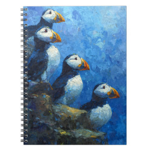 Puffins Perched Blue Cliff Painting Art Notebook
