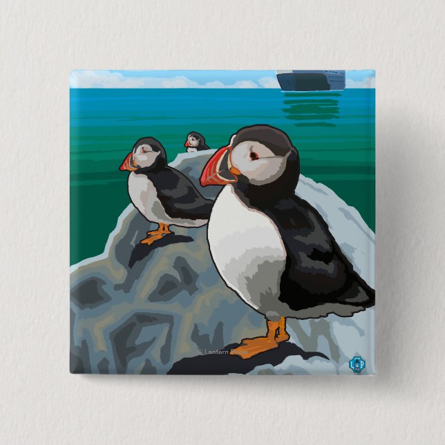 Puffins watching a Cruise Ship 15 Cm Square Badge (Front)