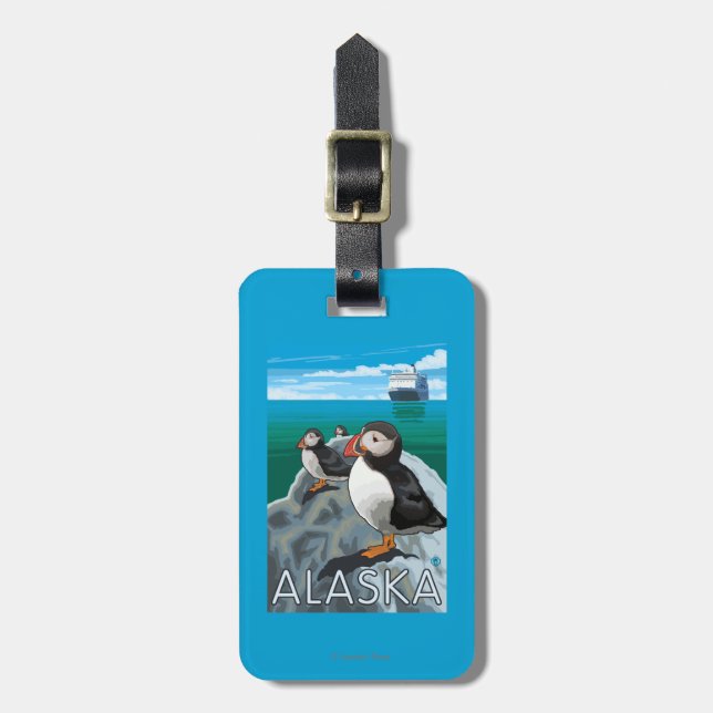 Puffins watching a Cruise Ship Luggage Tag (Front Vertical)