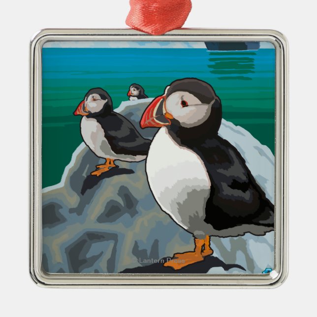Puffins watching a Cruise Ship Metal Tree Decoration (Front)