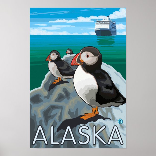 Puffins watching a Cruise Ship Poster (Front)