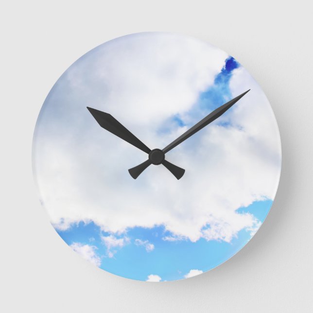 Puffy White Clouds and Blue Sky Round Clock (Front)