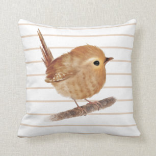 Puffy Wren Bird Throw Pillow