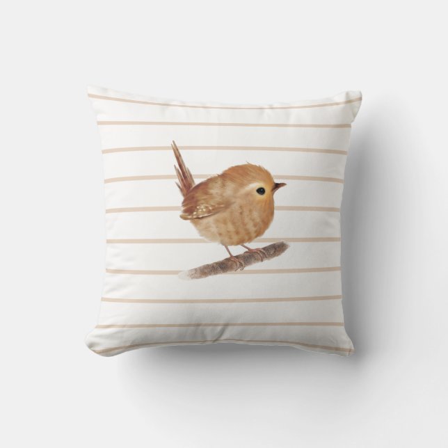 Puffy Wren Bird Throw Pillow (Front)