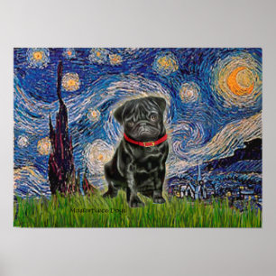 Pug 13 (black) - Starry Night Poster