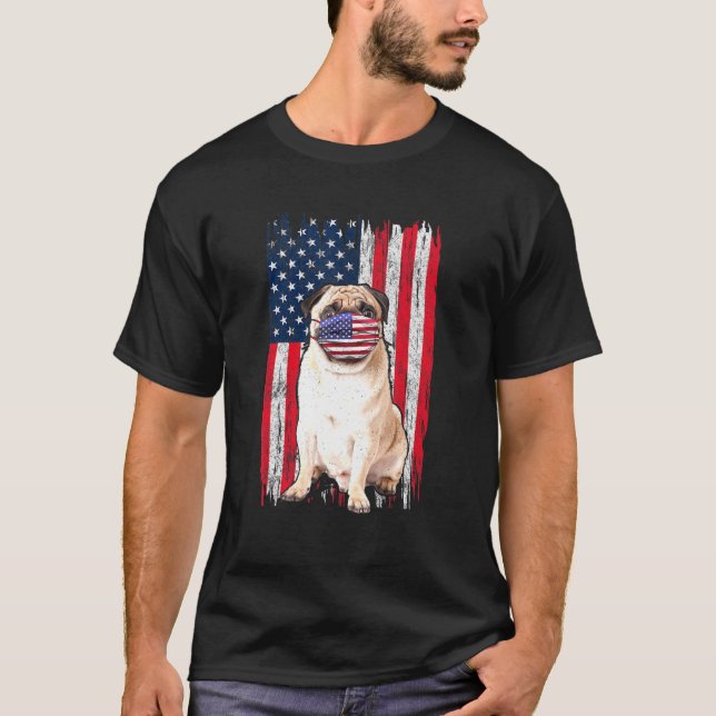 Pug American Flag Dog Wears Face Mask 4th Of July  T-Shirt (Front)