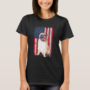 Pug American Flag Dog Wears Face Mask 4th Of July  T-Shirt