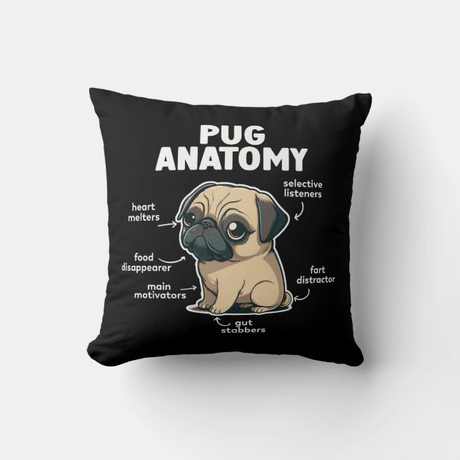 Pug Anatomy Fawn Pug Throw Pillow (Front)