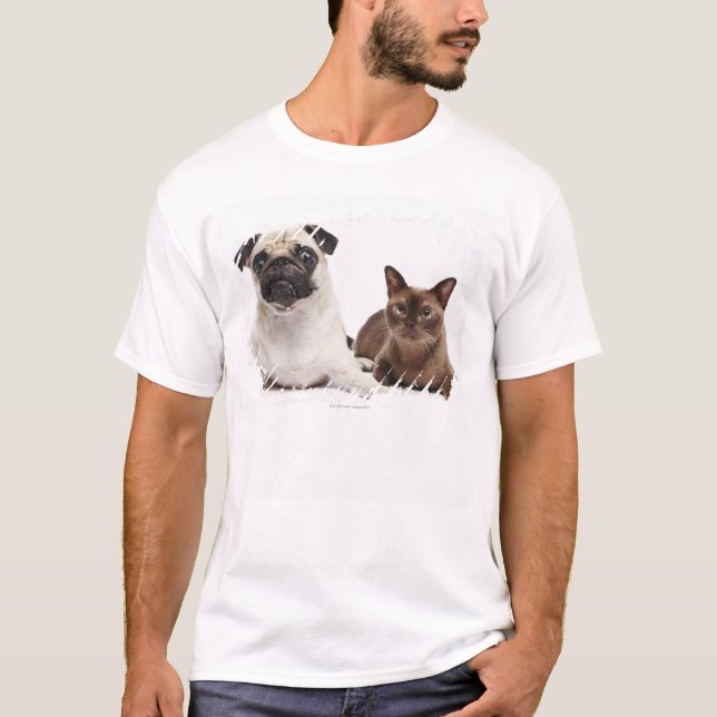 Pug and Burmese cat T-Shirt (Front)