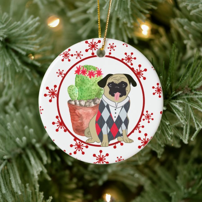 Pug and Cactus Red Snowflake Template Ceramic Tree Decoration (Tree)
