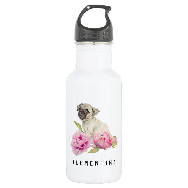 Pug and Peonies | Add Your Name 532 Ml Water Bottle (Front)