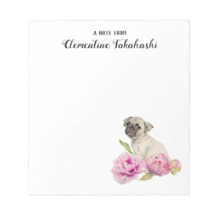Pug and Peonies Illustration Add Your Name Notepad