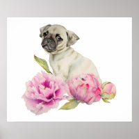 Pug and Peonies | Watercolor Illustration
