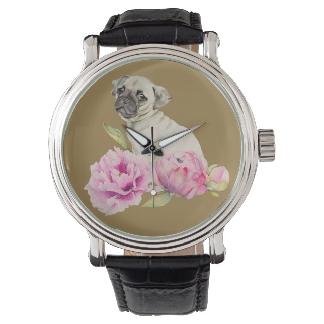 Pug and Peonies | Watercolor Illustration Watch (Front)