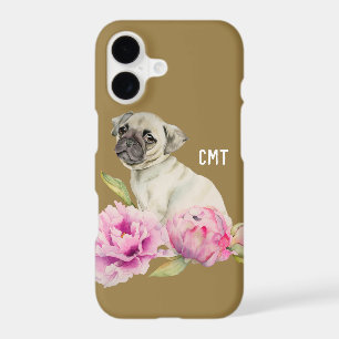 Pug and Peonies Watercolor Painting Monogram