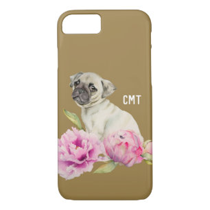Pug and Peonies   Watercolor Painting   Monogram iPhone 8/7 Case
