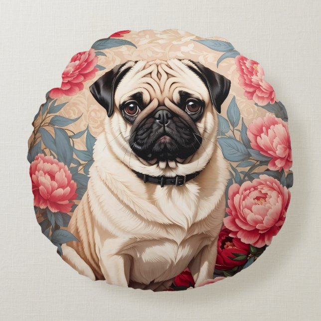Pug And Peony Flowers William Morris Inspired Round Cushion (Front)