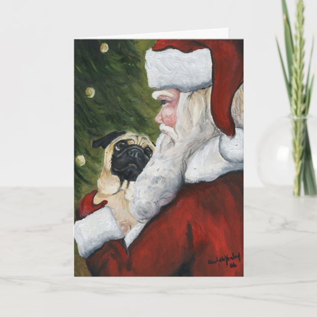 "Pug and Santa" Dog Art Christmas Card (Front)