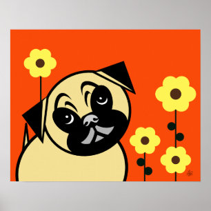 Pug And Yellow Flower On Orange Background Poster