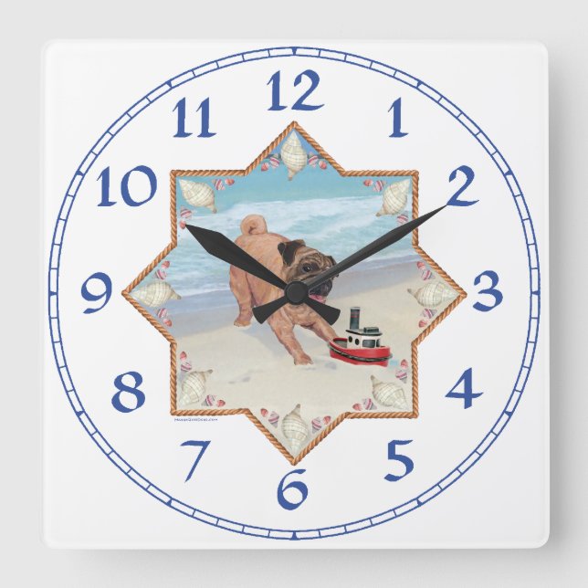 Pug at the Beach Square Wall Clock (Front)