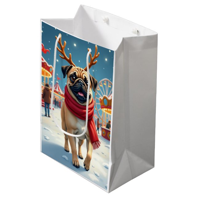 Pug at the Winter Fairgrounds Christmas Painting Medium Gift Bag (Front Angled)