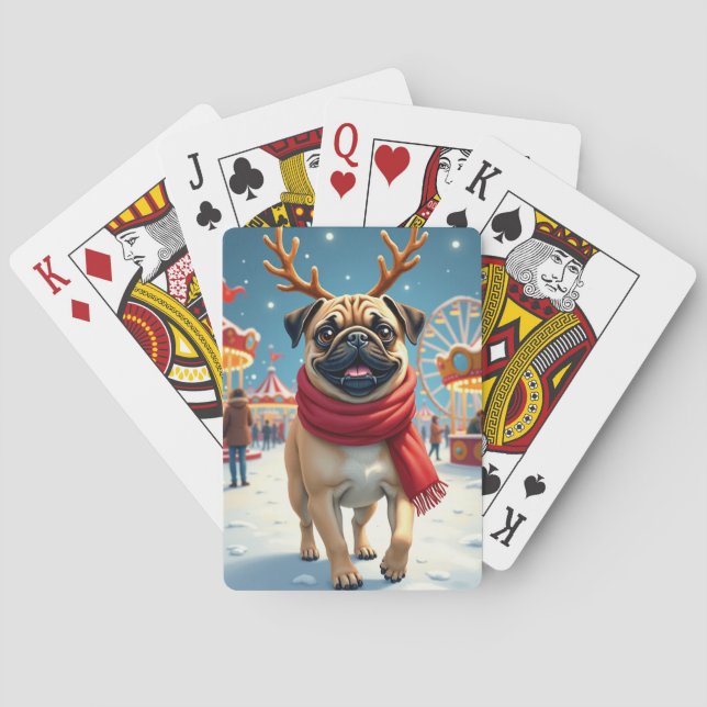Pug at the Winter Fairgrounds Christmas Painting Playing Cards (Back)