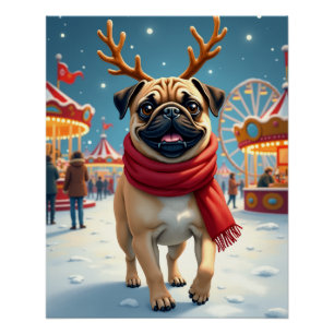 Pug at the Winter Fairgrounds Christmas Painting Poster