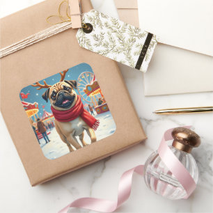 Pug at the Winter Fairgrounds Christmas Painting Square Sticker