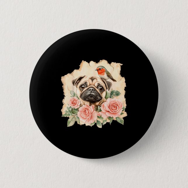Pug bird cute dog funny pug  6 cm round badge (Front)